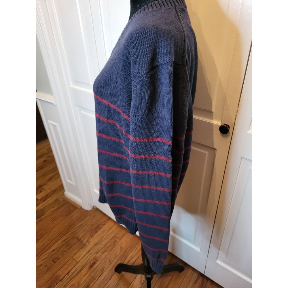 Men Lands' End Drifter Navy Burgundy Stripe V Neck Sweater XL Preppy Nautical - Picture 3 of 6